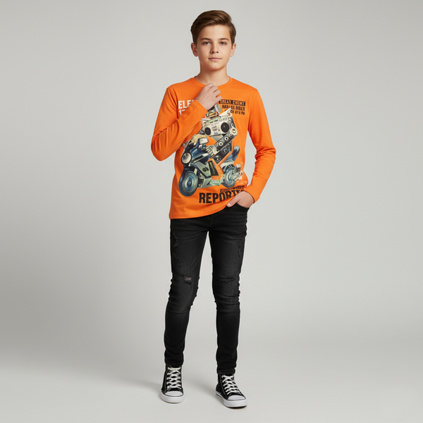 Teen boys&rsquo; long sleeve T-shirt Reporter Young orange with motorcycle print 133-42B-60-358, 146