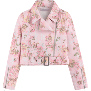 Girl's Jacket Wojcik "Lady Flo" Pink Denim Moto Biker Style Floral Print, 110