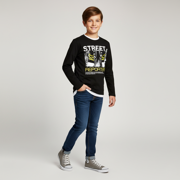 Teen Boy's Long Sleeve Shirt "Street Reporter" 123-42B-99-100 Black with Sneaker Print, 164