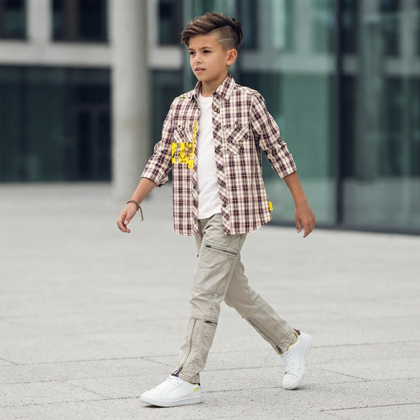 Boys Plaid Long-Sleeve Shirt "Wojcik Jaskinioiec 2" with Yellow Graphic Print, 128