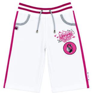 Girl's Summer Knit Capri Pants Wojcik "Muzyczna Impreza 1" White Long Shorts with Magenta Stripes and Rhinestone, 98