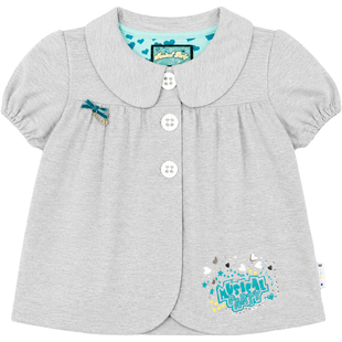 Girl's Gray Jacket Wojcik "Muzyczna Impreza 2" Premium Summer Knit Short Sleeve Cardigan with Note Pendant, 116