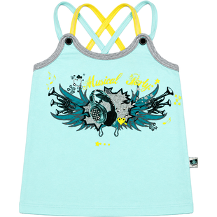 Girl's Summer Tank Top Wojcik "Muzyczna Impreza 2" Premium Mint Green Cotton Knit Top with Headphones Print, Rhinestones, 110