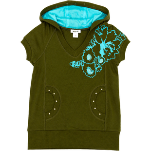 Girl's Olive Hoodie Wojcik "Piekny Czas" with Short Sleeves and Turquoise Print, 128