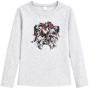 Girl's Long Sleeve Shirt "G-0044 Dog" Grey Melange with Yorkie Prin, 134
