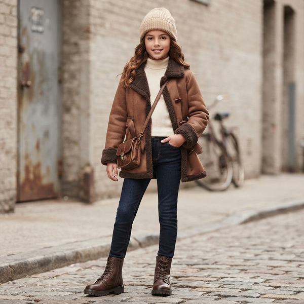 Girls&rsquo; winter & mid-season shearling coat Wojcik Telefon brown, 140