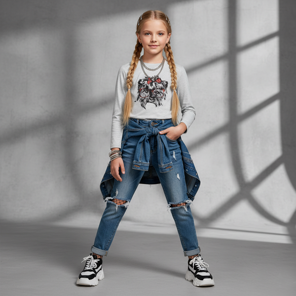 Girl's Long Sleeve Shirt "G-0044 Dog" Grey Melange with Yorkie Prin, 134