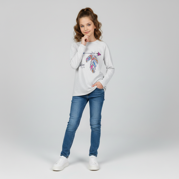 Girl's Long Sleeve Shirt "G-0034" White Melange with Boho Style Print, 134