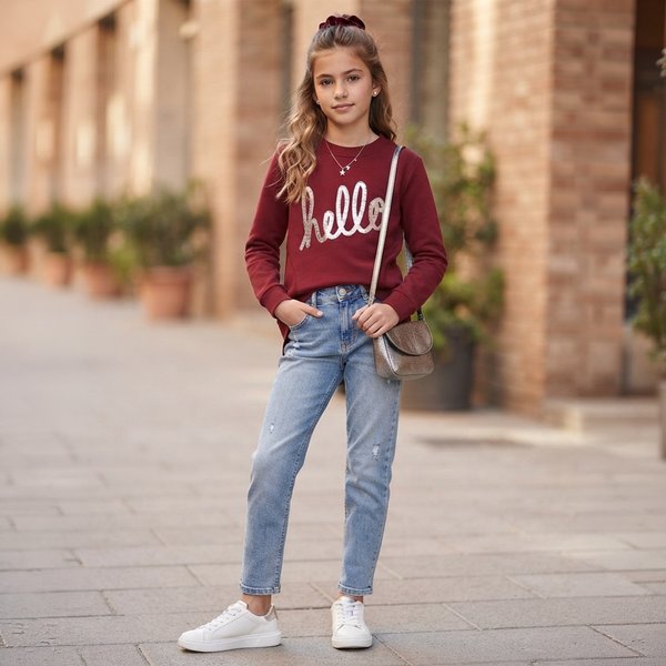 Girls&rsquo; burgundy sweatshirt &ldquo;hello&rdquo; with silver sequins G-031, 134