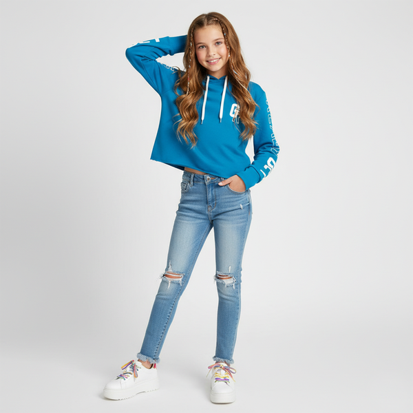 Girl's Hoodie "G-036 GR" Turquoise Cropped with Sleeve Prints, 158
