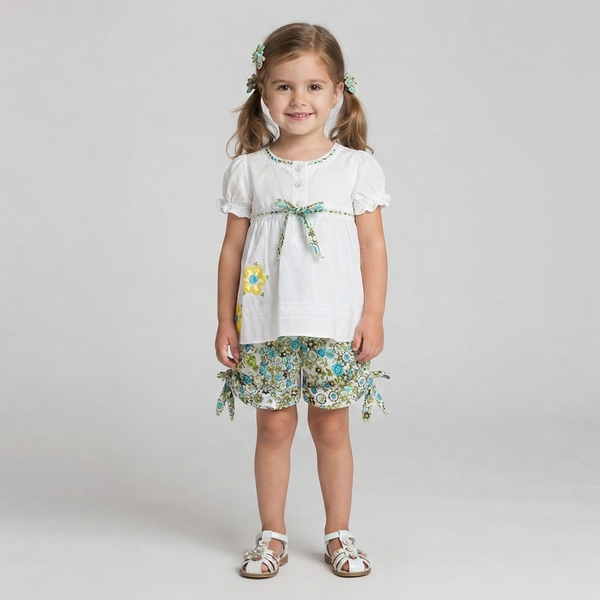 Girls Green Floral Summer Shorts Wojcik "Sloneczne Wakacje 2" with Side Ties, 92