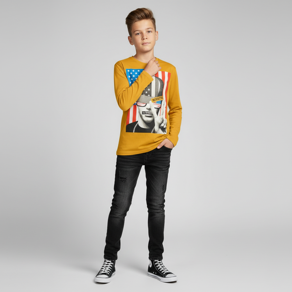Teen boys&rsquo; long sleeve T-shirt Reporter Young yellow with USA print 143-42B-15-345, 158