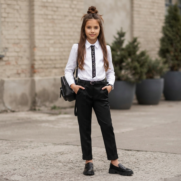 Girls&rsquo; black school pants Mikrus classic with cuffs 2, 128