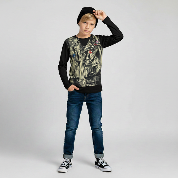 Teen Boy's Long Sleeve Shirt "Biker Leather Jacket" Reporter Young 133-42B-43-100 Black, 152