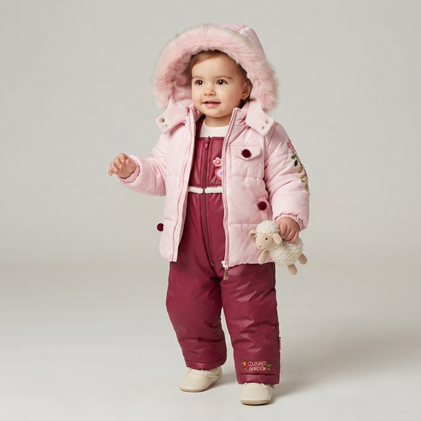Winter jacket with pants for girls Wojcik "Barwny Ogrod 1" pink with fur, 80