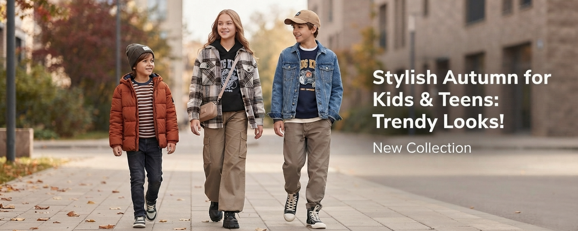 Kids and teenagers wearing trendy fall outfits from the new autumn collection at Dinos online clothing store — stylish autumn clothes for children and teens walking outdoors.