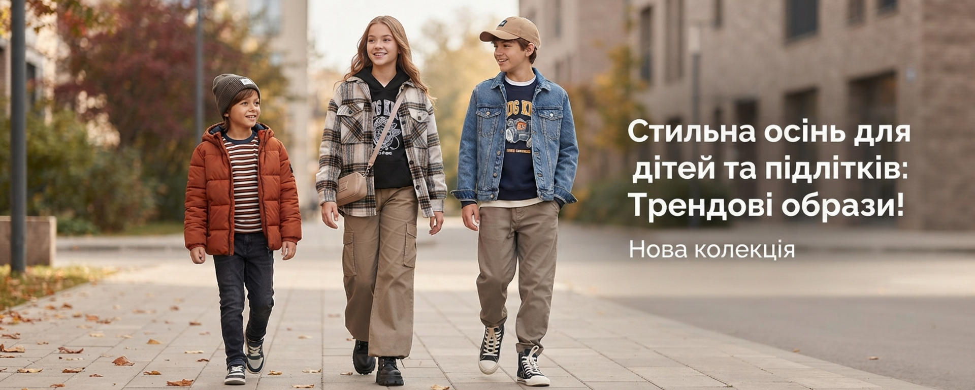 Діти та підлітки у модному осінньому одязі з нової колекції інтернет-магазину Dinos прогулюються осіннім містом — стильна осінь для дітей та підлітків, трендові образи.