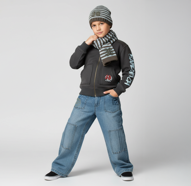 Boys' Hat and Scarf Set Wojcik Zasada Gry 1 Grey Striped, 140