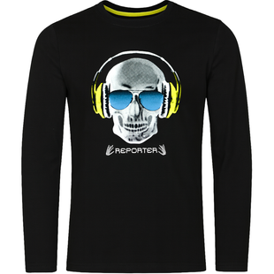 Teen boys&rsquo; long sleeve T-shirt Reporter Young black with skull headphones print 133-42B-98-100, 146