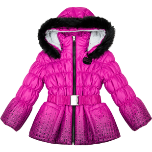 Winter jacket for girls Wojcik "Zaspiewaj Piosenke" raspberry pink with belt and faux fur, 92
