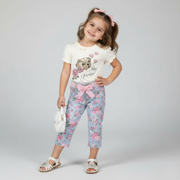 Girl's Light Blue Floral Jeans Wojcik "W Parku" with Pink Lace Belt, 86