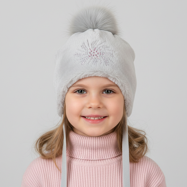 Pupill Weronika Girls' Grey Fur Winter Hat with Rhinestones and Pom-pom, 50-52 cm (2-3 years)