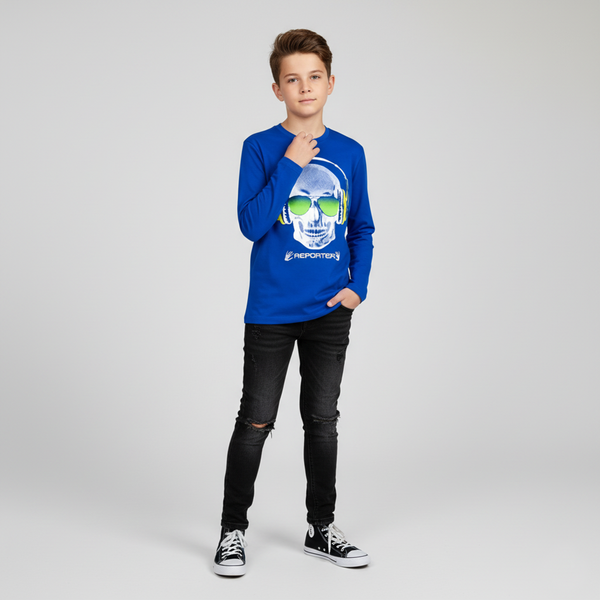 Teen boys&rsquo; long sleeve T-shirt Reporter Young blue with skull headphones print 133-42B-98-472, 146